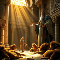 A captivating scene showing a king in ornate regal attire, visibly astonished, as he commands the release of Daniel from the lion's den