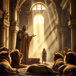 A captivating scene showing a king in ornate regal attire, visibly astonished, as he commands the release of Daniel from the lion's den