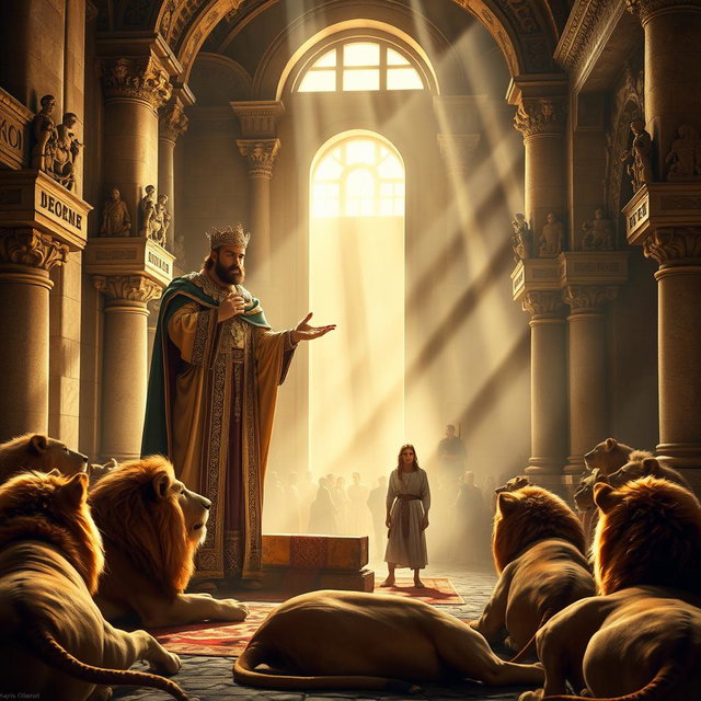 A captivating scene showing a king in ornate regal attire, visibly astonished, as he commands the release of Daniel from the lion's den