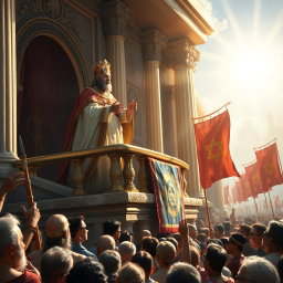 An awe-inspiring scene capturing the moment when the king, adorned in splendid royal regalia, stands on a grand balcony overlooking a crowd
