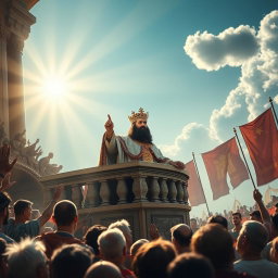An awe-inspiring scene capturing the moment when the king, adorned in splendid royal regalia, stands on a grand balcony overlooking a crowd