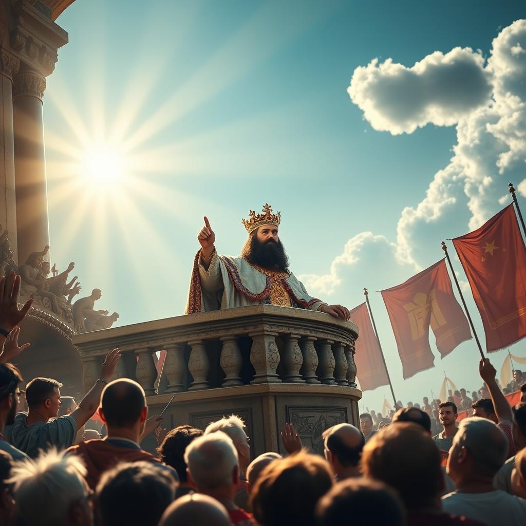 An awe-inspiring scene capturing the moment when the king, adorned in splendid royal regalia, stands on a grand balcony overlooking a crowd