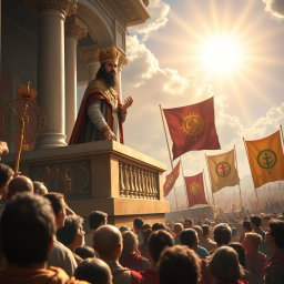 An awe-inspiring scene capturing the moment when the king, adorned in splendid royal regalia, stands on a grand balcony overlooking a crowd