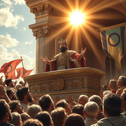 An awe-inspiring scene capturing the moment when the king, adorned in splendid royal regalia, stands on a grand balcony overlooking a crowd