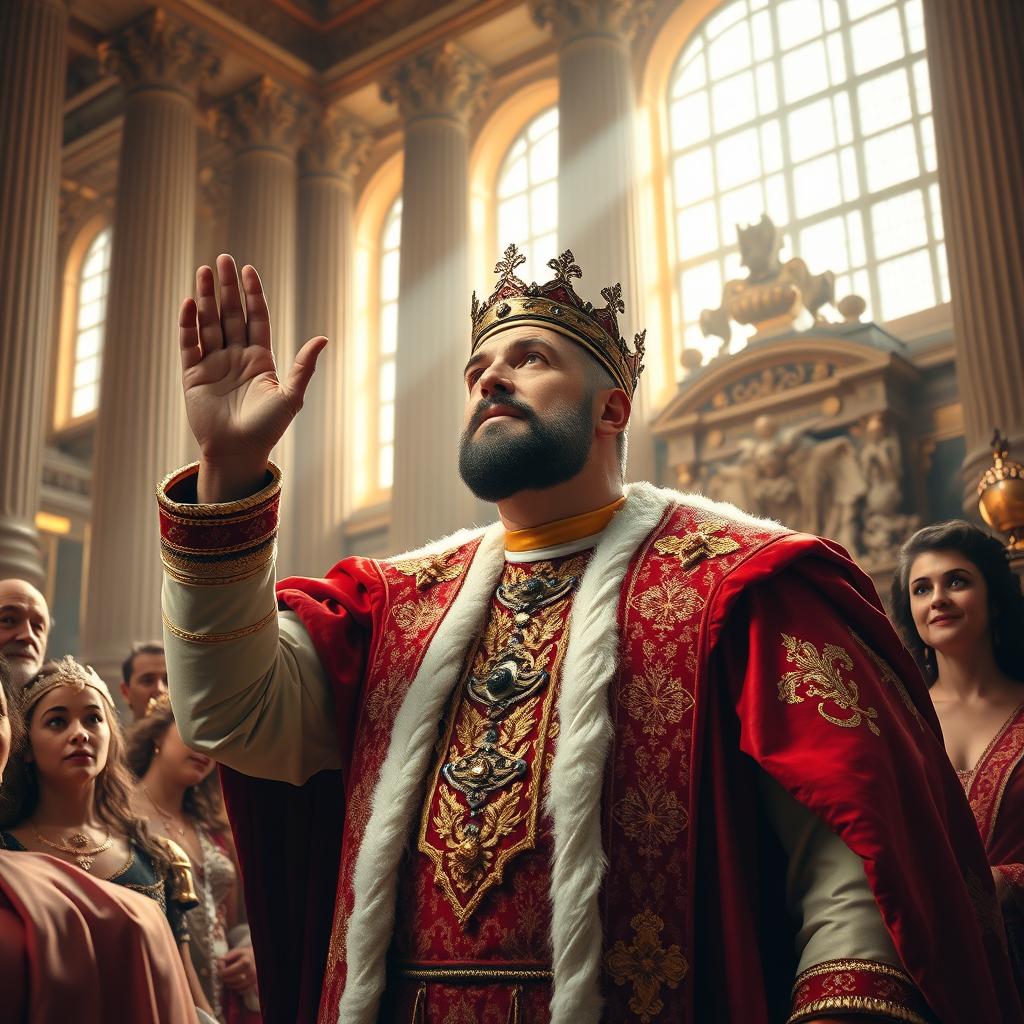An awe-inspiring scene depicting a king, adorned in luxurious royal garments, with a look of wonder on his face as he gives the command for someone's liberation