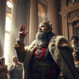An awe-inspiring scene depicting a king, adorned in luxurious royal garments, with a look of wonder on his face as he gives the command for someone's liberation