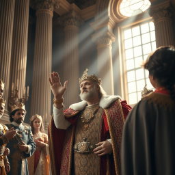 An awe-inspiring scene depicting a king, adorned in luxurious royal garments, with a look of wonder on his face as he gives the command for someone's liberation