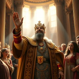 An awe-inspiring scene depicting a king, adorned in luxurious royal garments, with a look of wonder on his face as he gives the command for someone's liberation