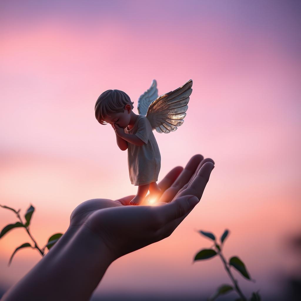 A serene evening scene depicting a human hand gently cradling a tiny, delicate angel with shimmering wings