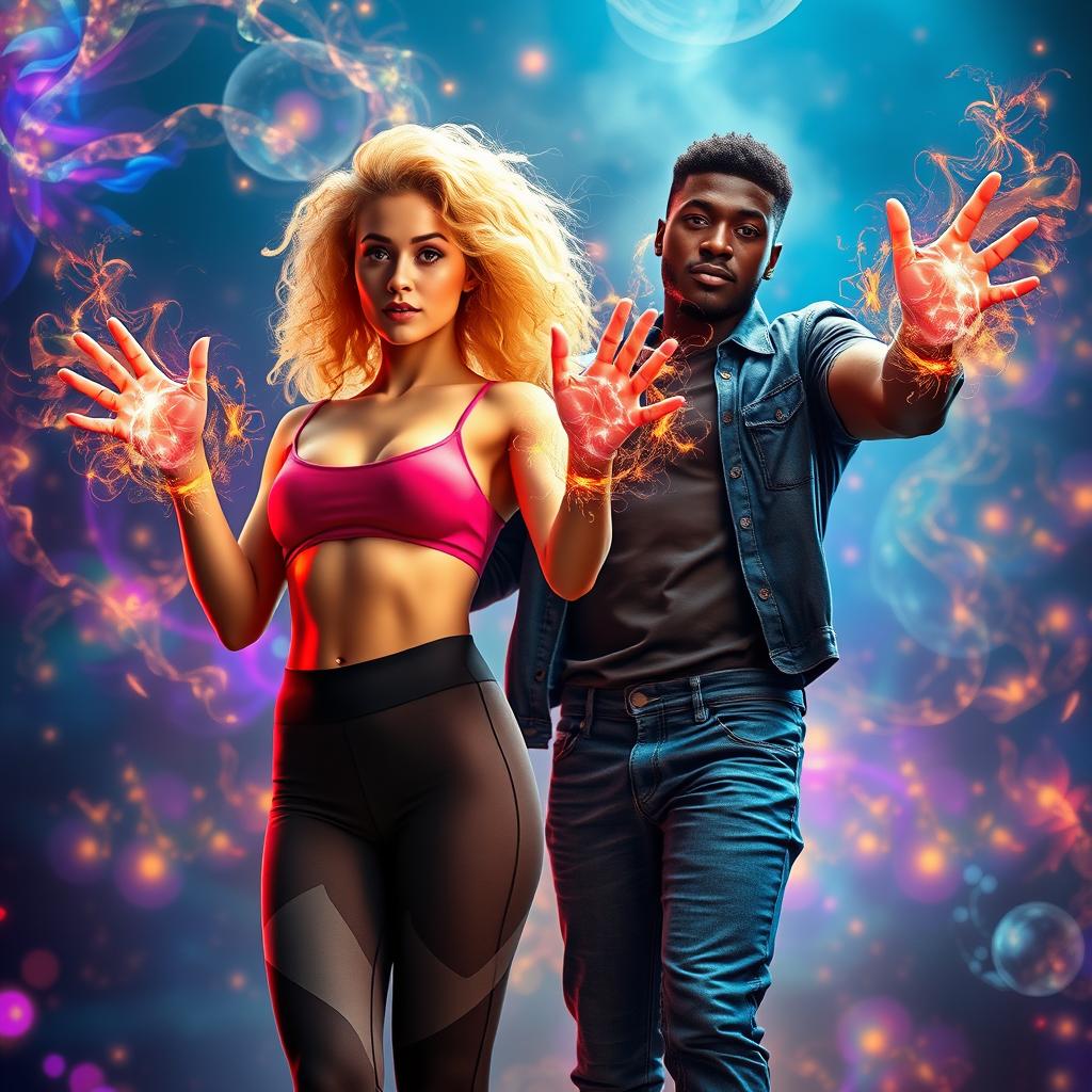 A scene depicting a Caucasian woman with curly blonde hair and a muscular body featuring defined six-pack abs, wearing stylish leggings and a crop top