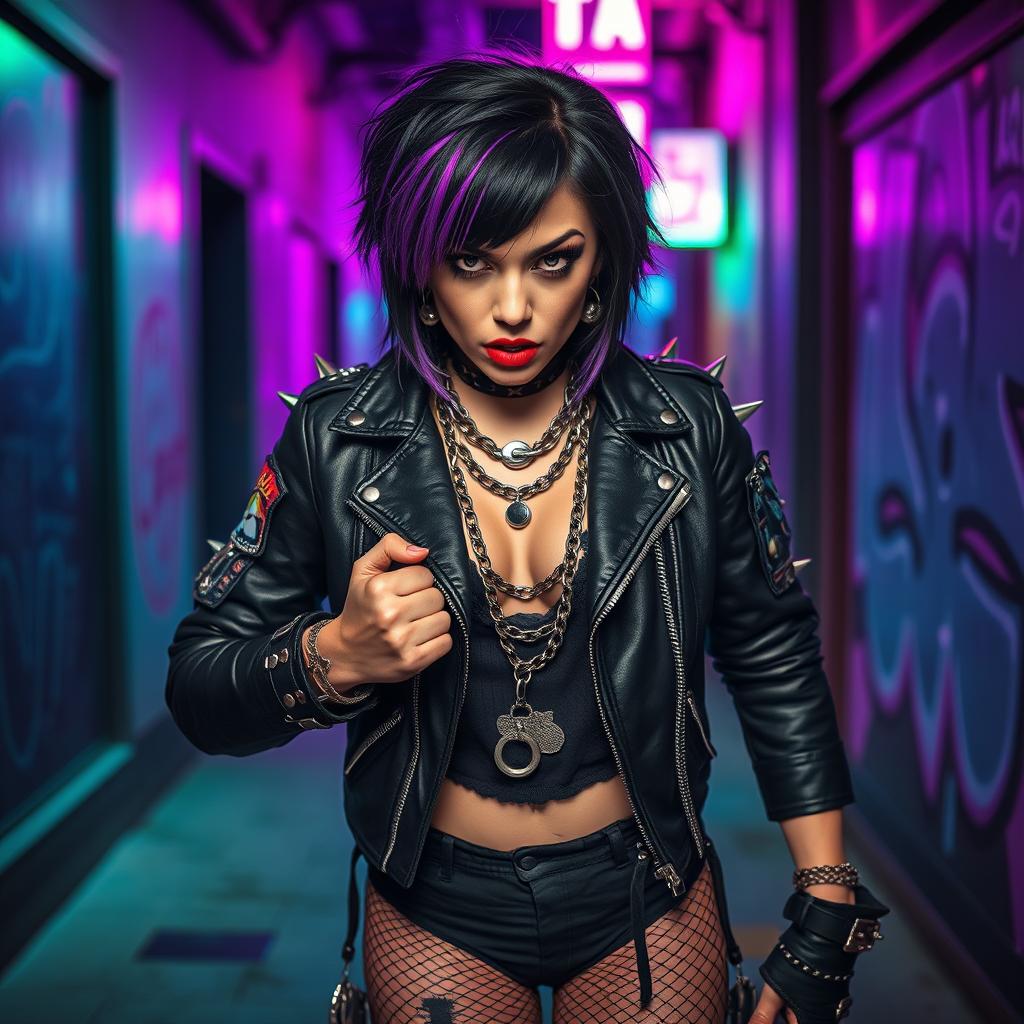 An angry, powerful goth/punk girl stands defiantly with a fierce expression