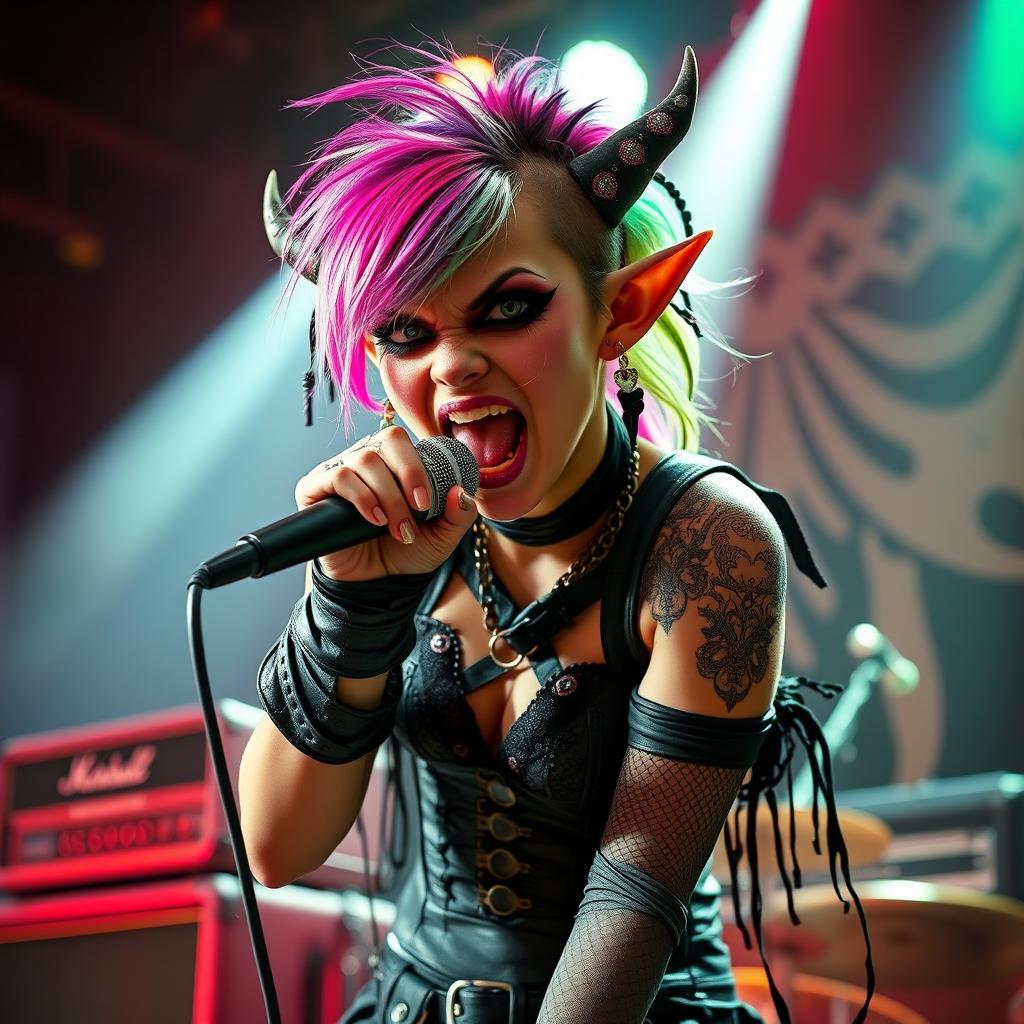 An angry teenage elf girl with pointed ears, sporting a punk, goth, or emo style