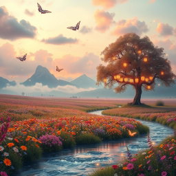 A whimsical and surreal landscape featuring a vast field of colorful wildflowers under a soft pastel sky filled with fluffy clouds