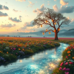 A whimsical and surreal landscape featuring a vast field of colorful wildflowers under a soft pastel sky filled with fluffy clouds