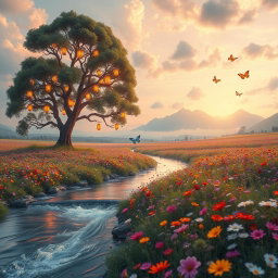 A whimsical and surreal landscape featuring a vast field of colorful wildflowers under a soft pastel sky filled with fluffy clouds