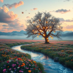 A whimsical and surreal landscape featuring a vast field of colorful wildflowers under a soft pastel sky filled with fluffy clouds