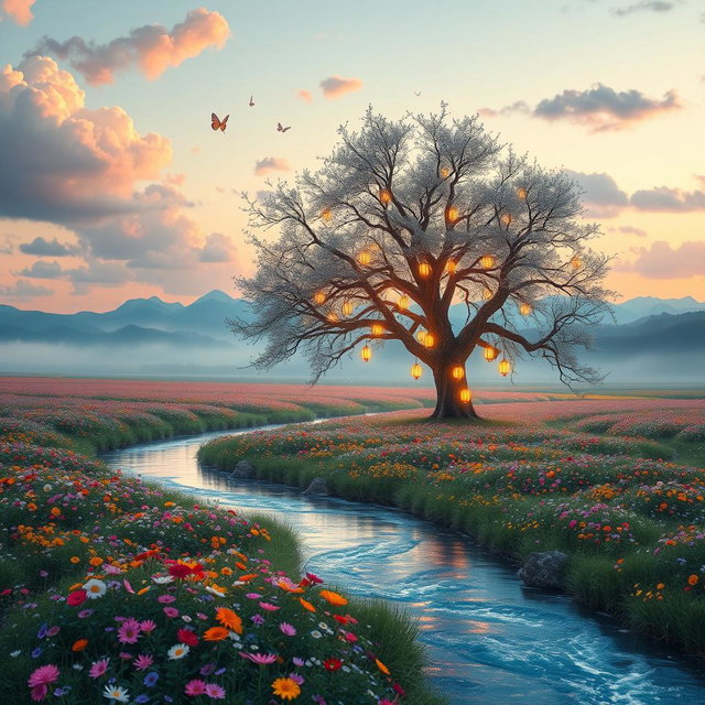 A whimsical and surreal landscape featuring a vast field of colorful wildflowers under a soft pastel sky filled with fluffy clouds