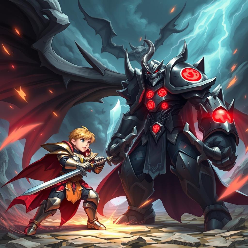 A dramatic showdown between a courageous level 1 hero and a menacing level 800 villain boss in a fantasy setting