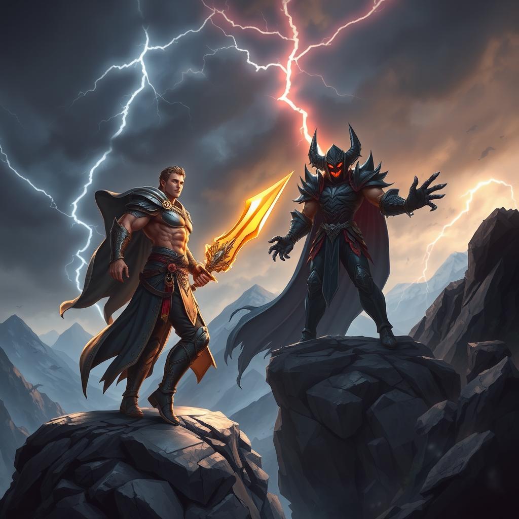 A dramatic fantasy scene of a Level 300 hero facing off against a Level 800 villain