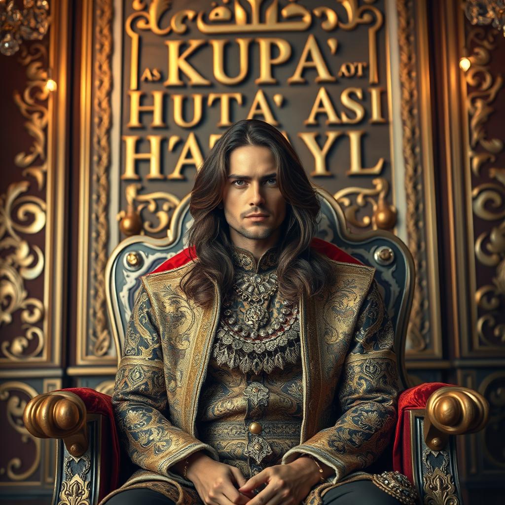 A stunning royal room featuring a handsome man with long hair sitting on a king's throne