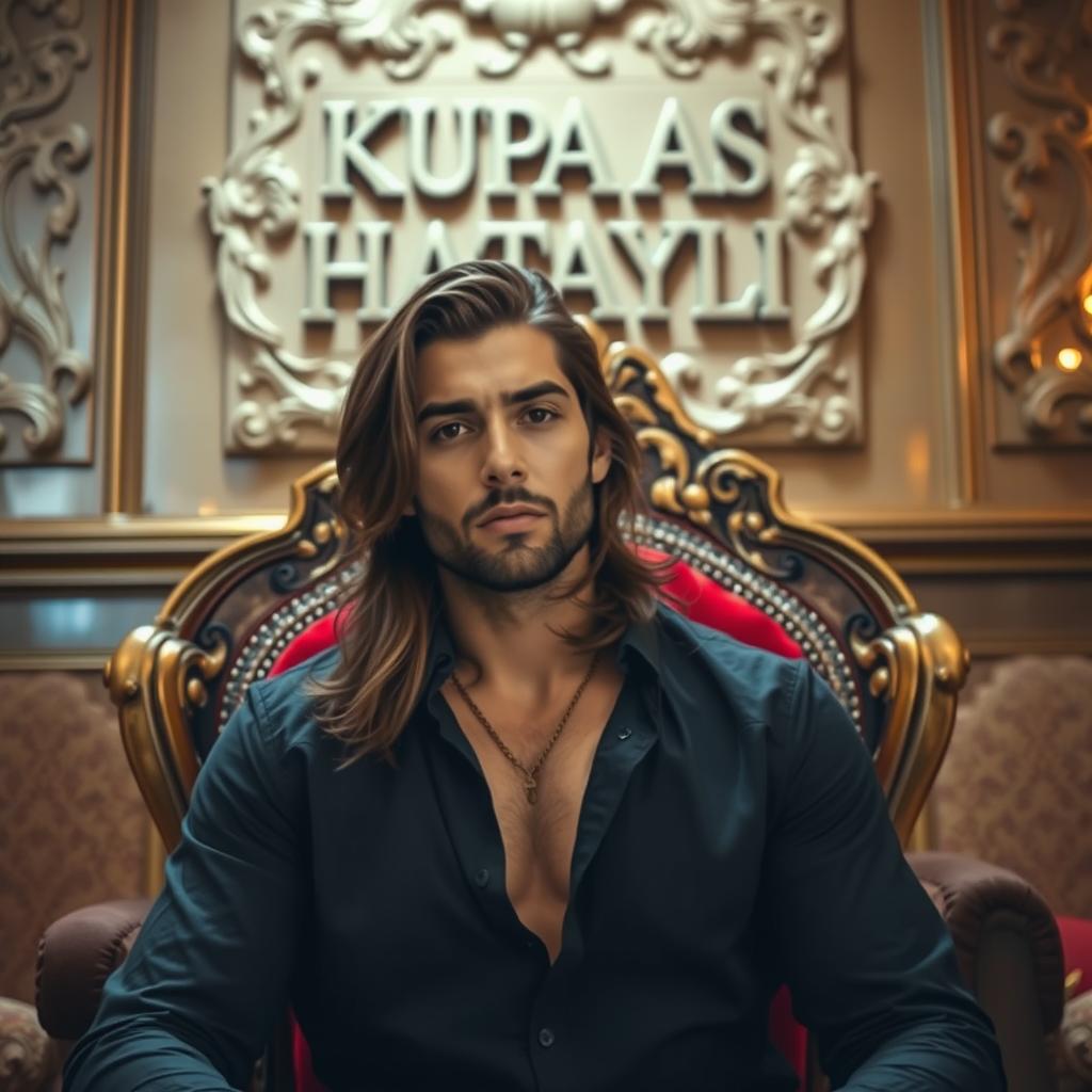 In a beautifully decorated room, a handsome man with long hair is seated on a regal throne