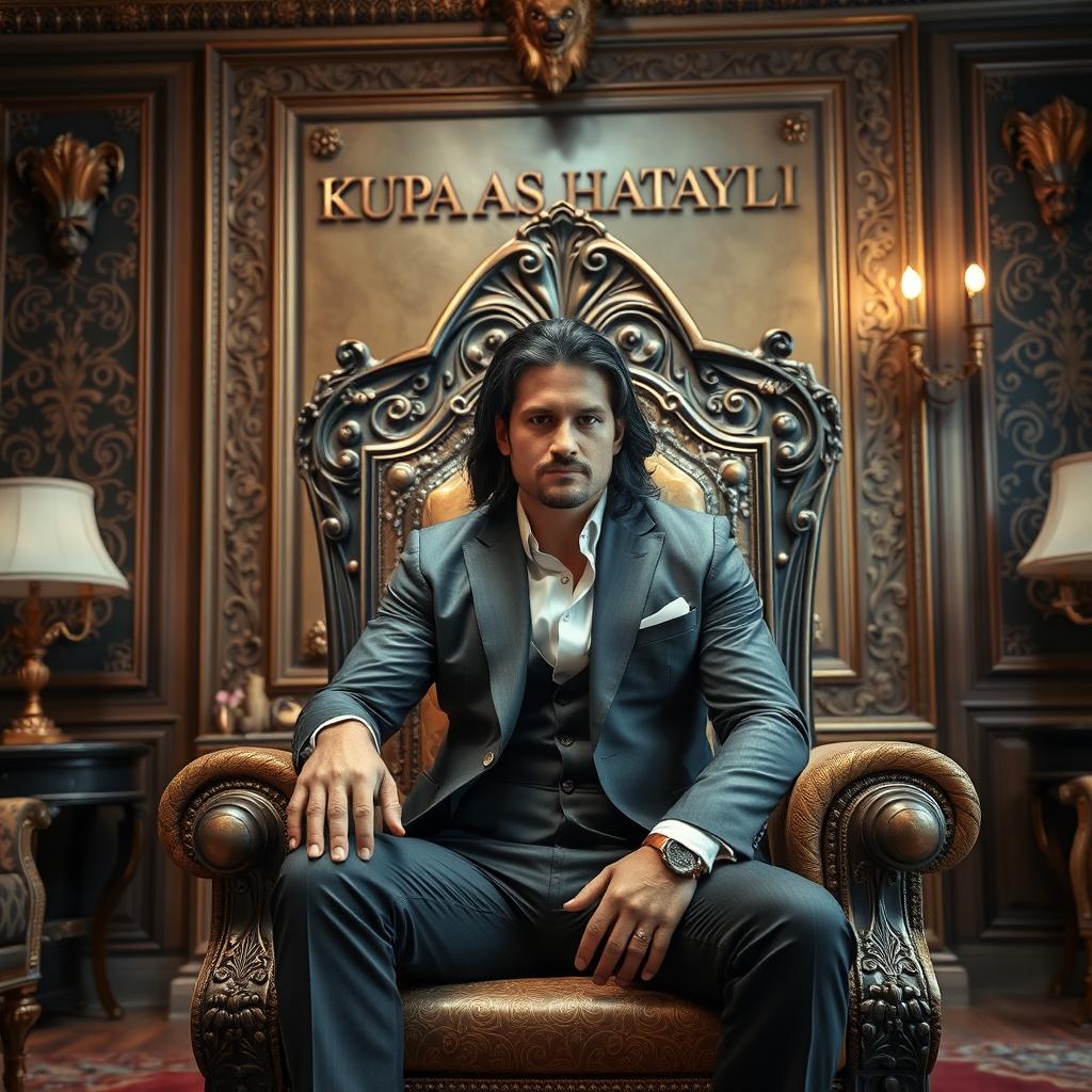 A very beautiful, luxurious room featuring an elegant king sitting confidently on a grand throne