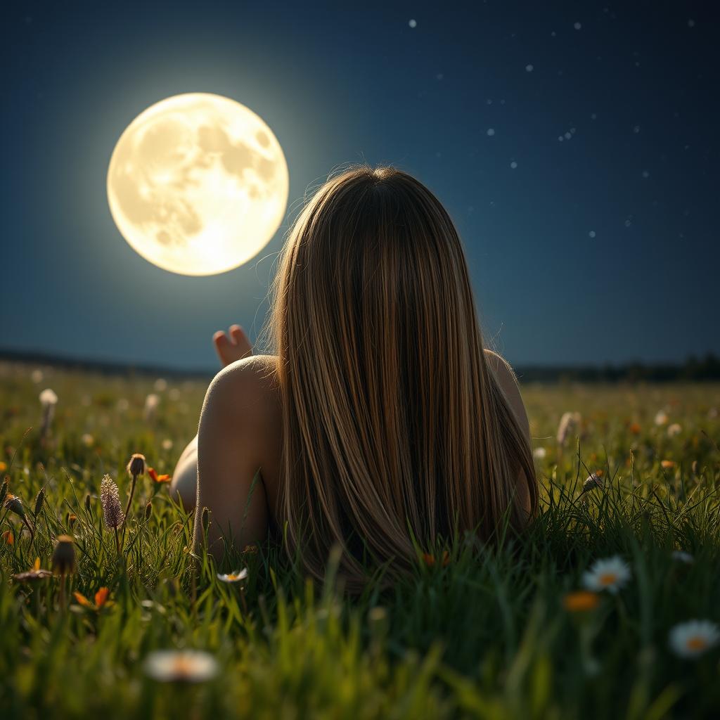 Seen from a distance of 20 feet, a beautiful woman with straight, soft hair is lying gracefully in a meadow