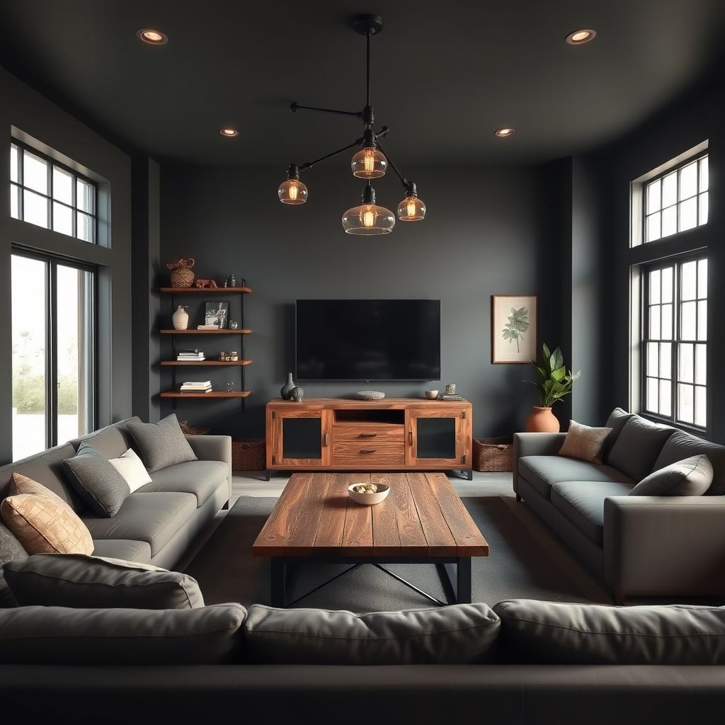 A modern TV room featuring an industrial design style with dark colors and rich wood accents