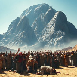 A massive mountain, towering and majestic, suspended in the sky above a terrified crowd during the time of Moses