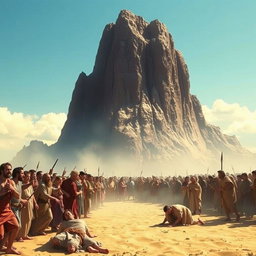 A massive mountain, towering and majestic, suspended in the sky above a terrified crowd during the time of Moses