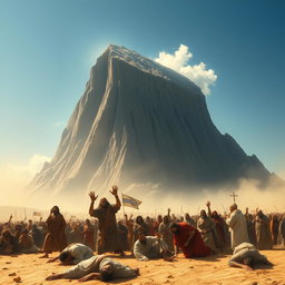 A massive mountain, towering and majestic, suspended in the sky above a terrified crowd during the time of Moses