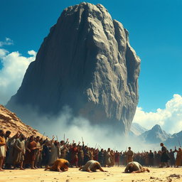 A massive mountain, towering and majestic, suspended in the sky above a terrified crowd during the time of Moses