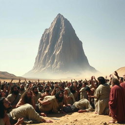A colossal mountain, identified as Mount Sinai, poised directly above a terrified crowd during the time of Moses, seemingly on the verge of crashing down onto them