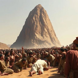 A colossal mountain, identified as Mount Sinai, poised directly above a terrified crowd during the time of Moses, seemingly on the verge of crashing down onto them