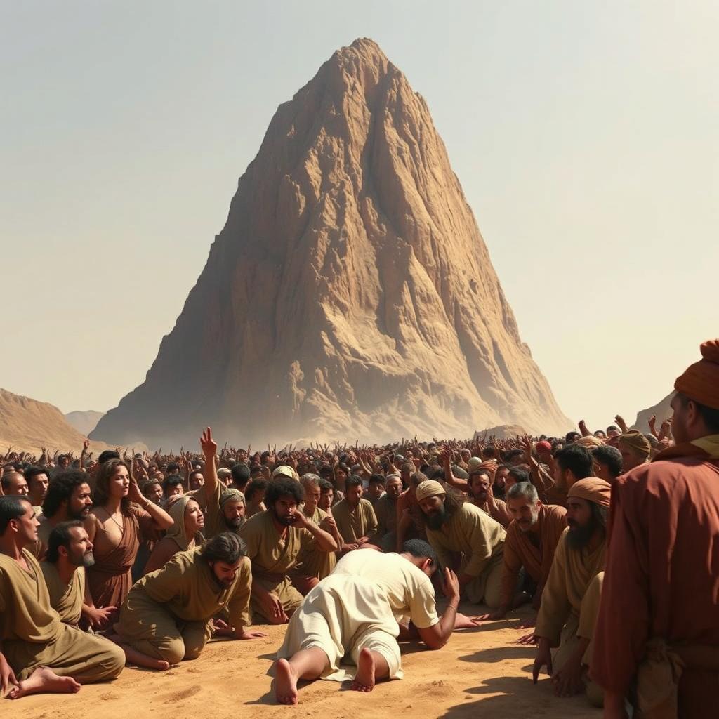 A colossal mountain, identified as Mount Sinai, poised directly above a terrified crowd during the time of Moses, seemingly on the verge of crashing down onto them