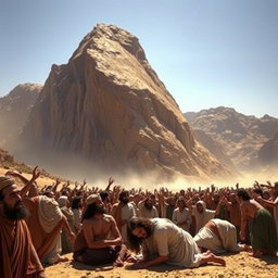 A colossal mountain, identified as Mount Sinai, poised directly above a terrified crowd during the time of Moses, seemingly on the verge of crashing down onto them