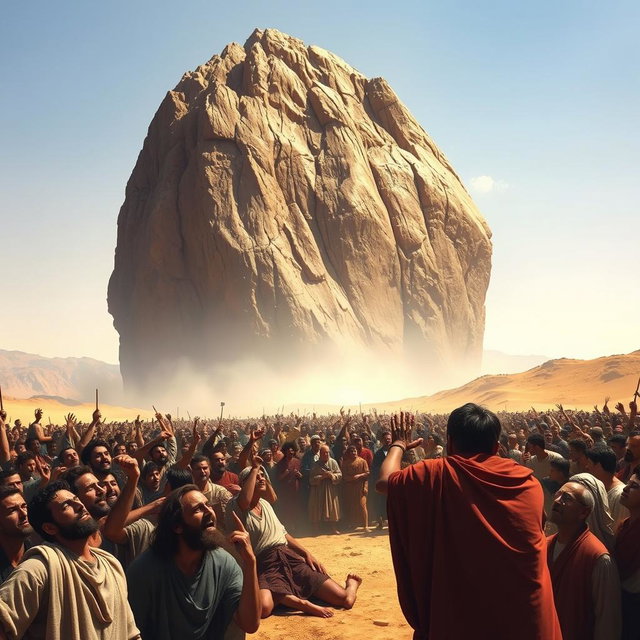 A colossal mountain, identified as Mount Sinai, poised directly above a terrified crowd during the time of Moses, seemingly on the verge of crashing down onto them