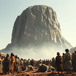 A large mountain, suspended two meters above the ground, looming ominously over a group of ancient people from the time before Christ, during the era of Moses