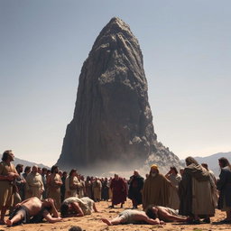A large mountain, suspended two meters above the ground, looming ominously over a group of ancient people from the time before Christ, during the era of Moses