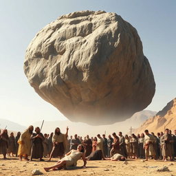 A large mountain, suspended two meters above the ground, looming ominously over a group of ancient people from the time before Christ, during the era of Moses