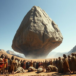 A large mountain, suspended two meters above the ground, looming ominously over a group of ancient people from the time before Christ, during the era of Moses