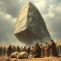 A large mountain, suspended two meters above the ground, looming ominously over a group of ancient people from the time before Christ, during the era of Moses