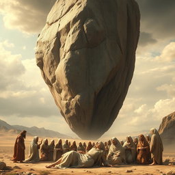A large mountain, suspended two meters above the ground, looming ominously over a group of ancient people from the time before Christ, during the era of Moses