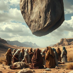 A large mountain, suspended two meters above the ground, looming ominously over a group of ancient people from the time before Christ, during the era of Moses