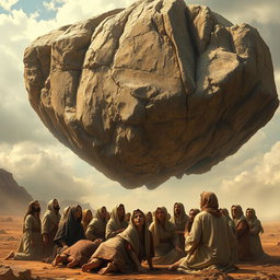 A large mountain, suspended two meters above the ground, looming ominously over a group of ancient people from the time before Christ, during the era of Moses
