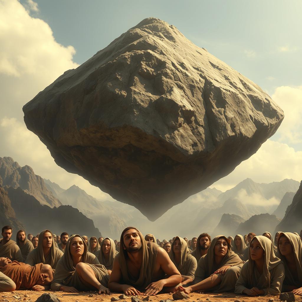 A large mountain, suspended two meters above the ground, looming over a group of ancient people from the time before Christ during the era of Moses
