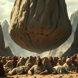 A large mountain, suspended two meters above the ground, looming over a group of ancient people from the time before Christ during the era of Moses