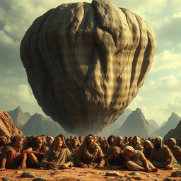 A large mountain, suspended two meters above the ground, looming over a group of ancient people from the time before Christ during the era of Moses