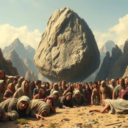 A large mountain, suspended two meters above the ground, looming over a group of ancient people from the time before Christ during the era of Moses