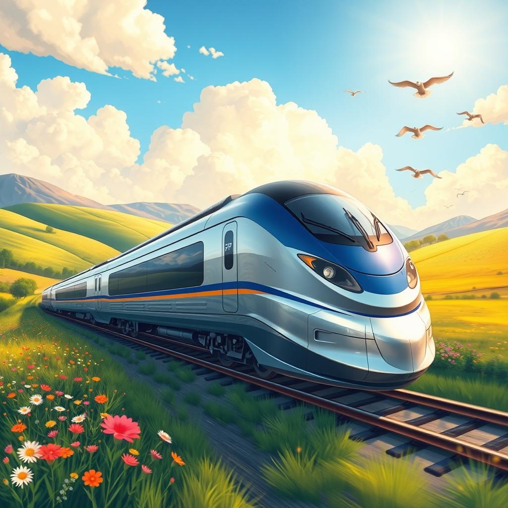 A vibrant illustration of a high-speed express train, known as SPX Express, racing through a picturesque countryside